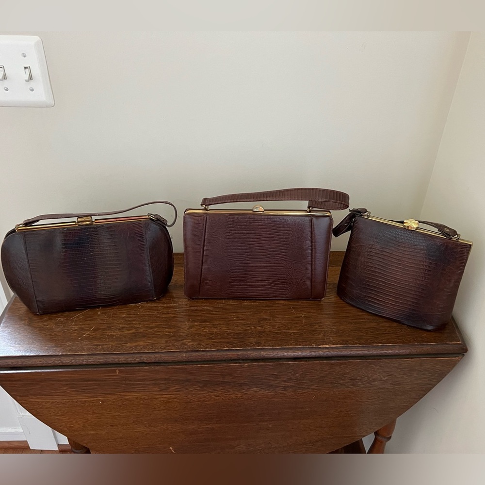 VTG Lizard croc embossed brown bag purses lock 50's 60's EUC Price is for all 3!